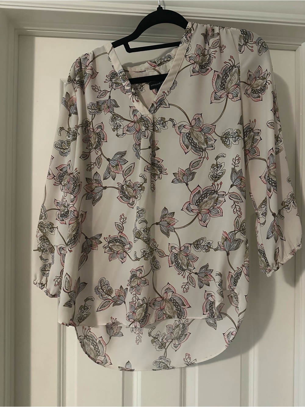 Adrienne Vittadini Cream Floral V-Neck Blouse with Pink & Green Accents